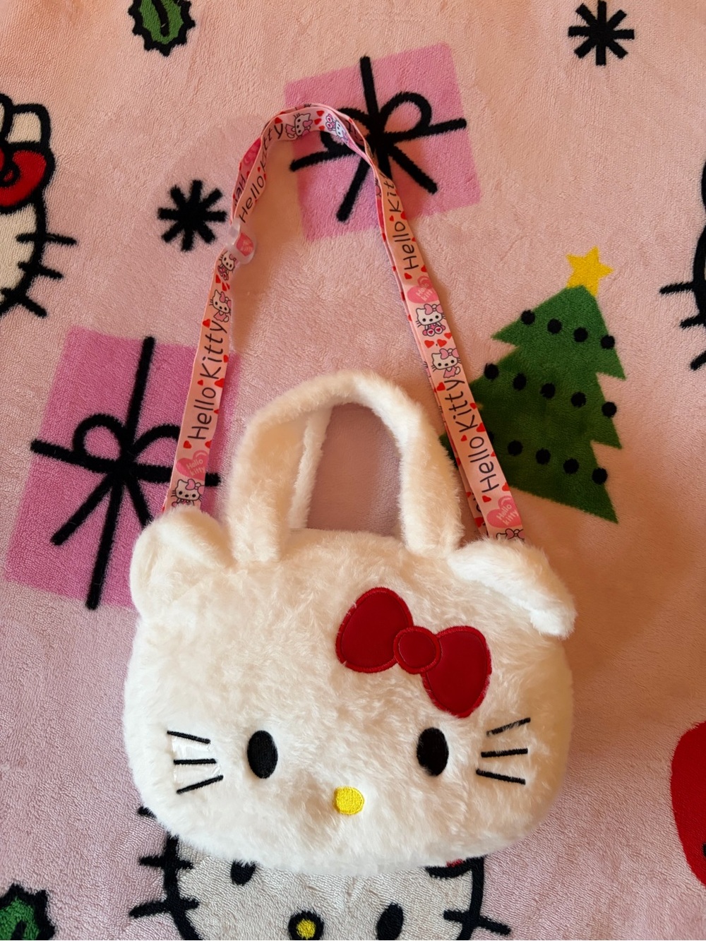 Sanrio Hello Kitty Fluffy White Purse with Pink Adjustable Strap